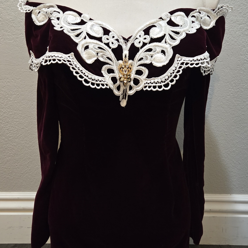 Scott McClintock Burgundy Velvet Dress with White Lace